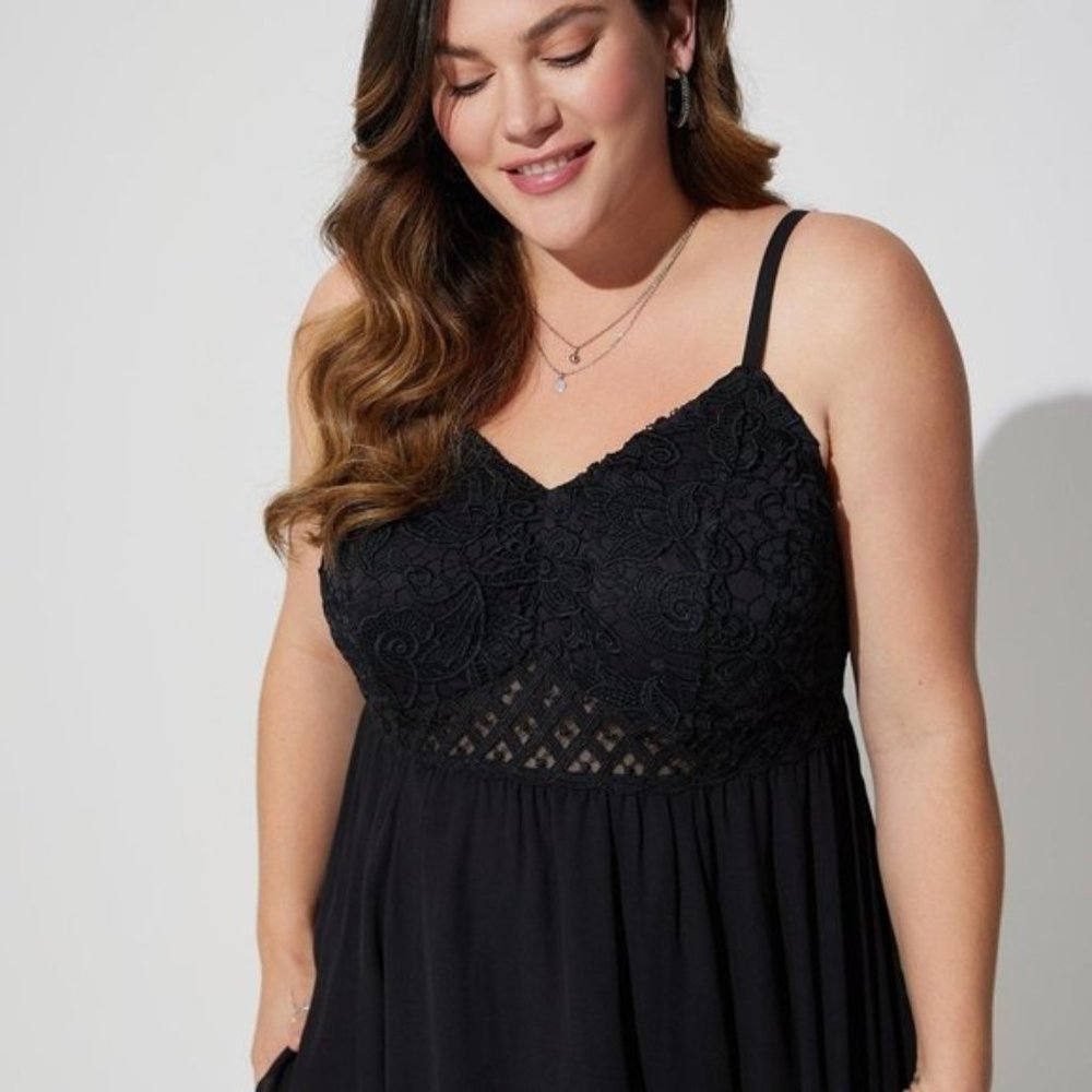 Torrid - Babydoll Georgette Lace Trim Cami in Deep Black